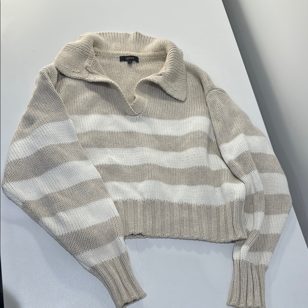 Quince Tan and White V-Neck Sweater with Stripes
